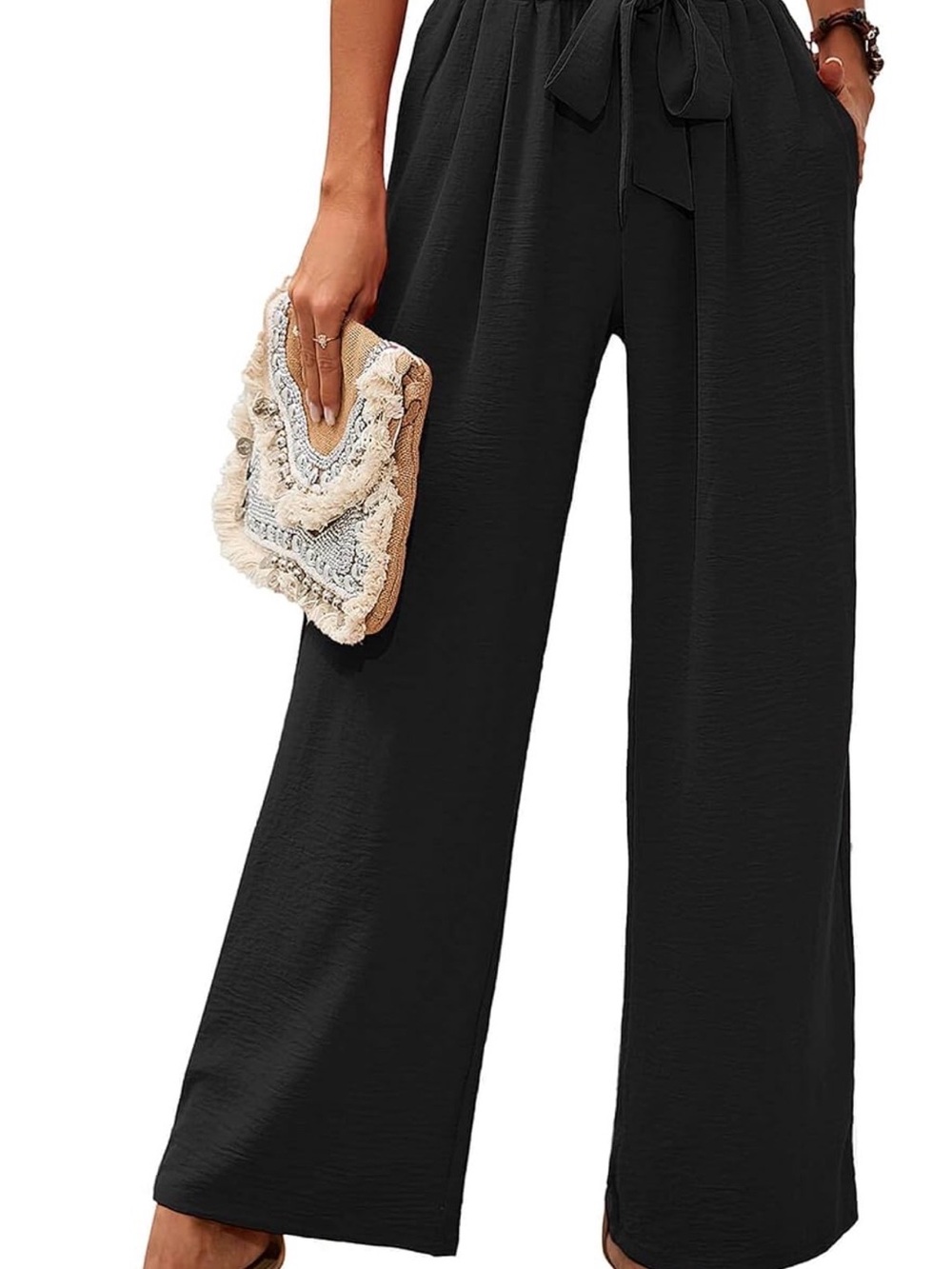 Wide Leg Tie-Waist Pants - Black
